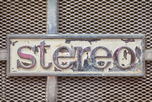 Canvas Print Close up of a vintage jukebox with the metal text stereo