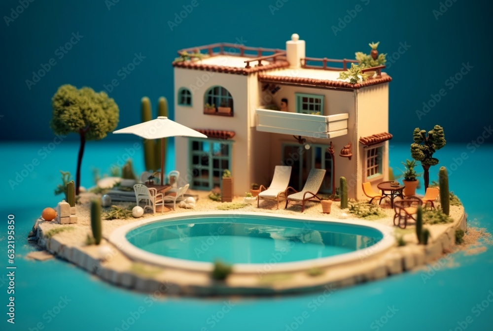 Miniature luxury house with swimming pool. generative ai