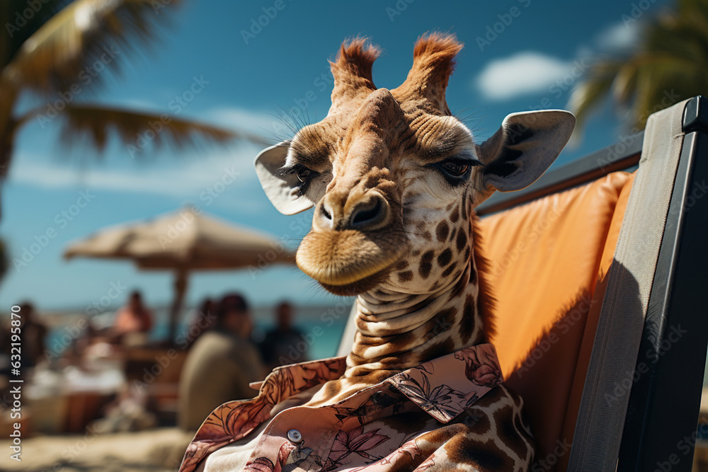 Obraz premium Relaxed, funny chilling giraffe sunbathing at seaside resort and wear Hawaiian shirt lounging on deck chair with fruity cocktail. Vacation rest in hot country beach concept. Generative AI