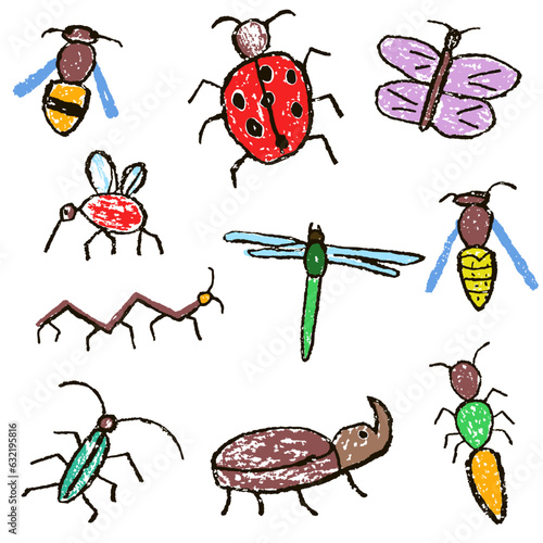 Crazy doodle insects set. Crayon like kid`s hand drawn colorful funny butterfly, bug, beetle, bee, wasp, fly, dragonfly, mosquito, caterpillar. Vector pastel chalk or pencil childlike cartoon flat art