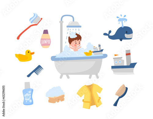 Happy child taking foamy bath with toys, cartoon flat vector illustration isolated on white background.