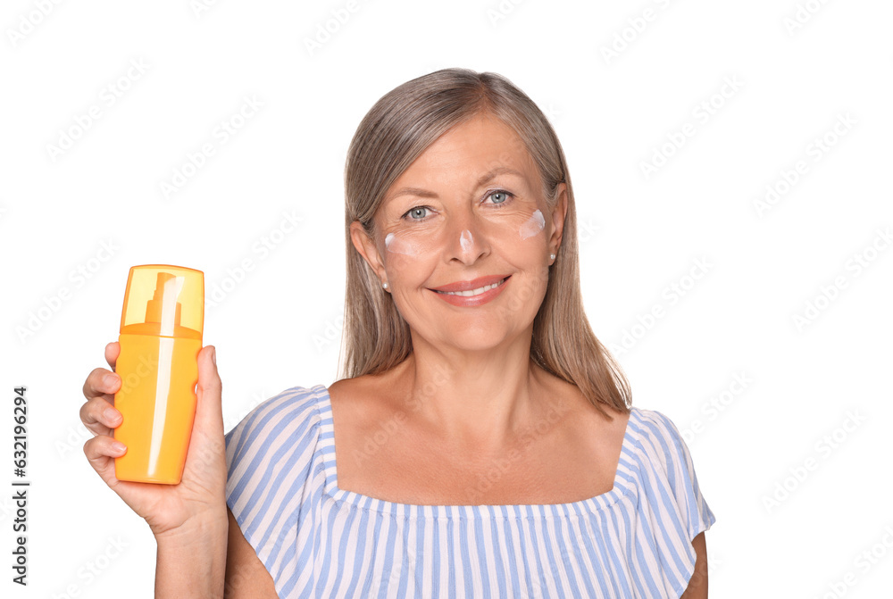 Beautiful senior woman with sun protection cream isolated on white Beautiful senior woman with sun protection cream isolated on white