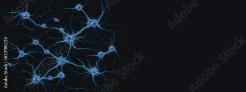 Neuronal network with electrical activity of neuron cells Generative AI illustration. Nerve cells, synapses and axones transmitting electrical signals. Big copy-space.