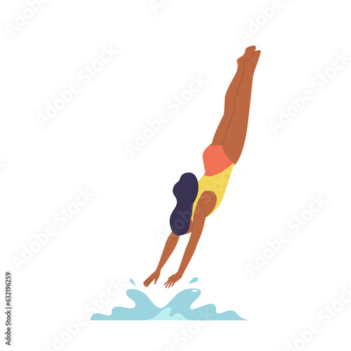 Cute woman falling in jump to sea or swimming pool water vector illustration isolated on white