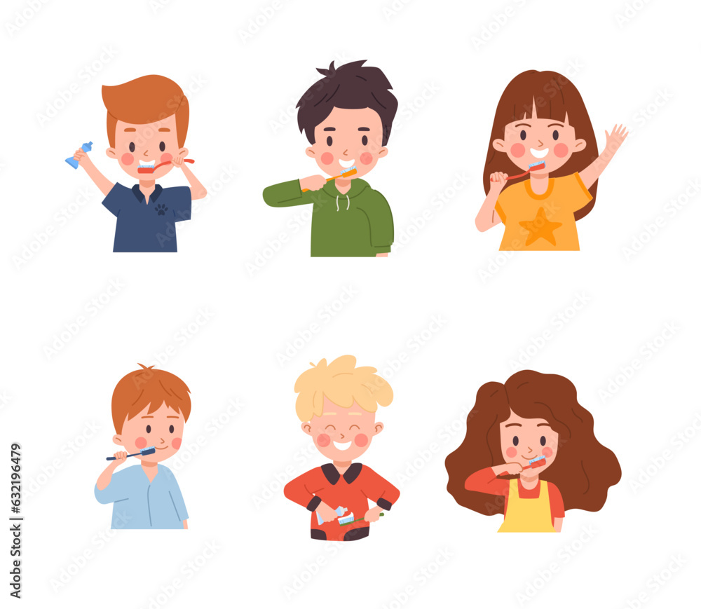 Set of happy children brushing teeth flat style, vector illustration Set of happy children brushing teeth flat style, vector illustration