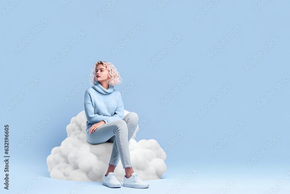 Girl sitting on the cloud with blue background - obrazy, fototapety, plakaty 