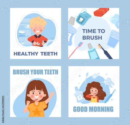 Dental care posters set for kids, cartoon flat vector illustration.