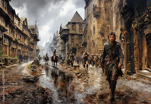 medieval scene, horses, riders and determined men crossing a town. England, Scotland, Europe, panorama, photorealistic painting, generative ai