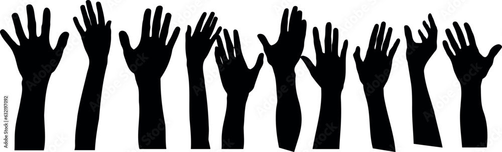  row of hands reaching up in the air Silhouette. The hands are all different shapes and sizes, and they are all facing the same direction.