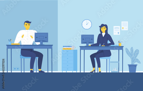 Casual Teamwork. People with yellow skin working together with computers in different places. Outsource concept. Stock vector illustration in flat corpotate memphis style.