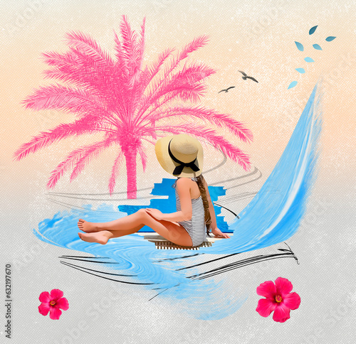 A little girl in a hat sitting near the pool - art collage or design about summertime  holidays  vacation