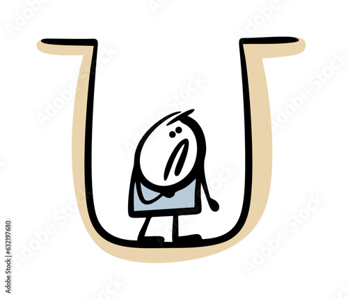 Disgruntled cartoon stickman has fallen into a deep hole and cannot get up. Vector illustration of a man in a psychological trap, a victim of manipulation.