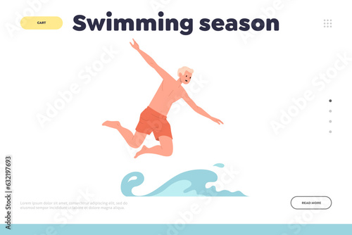 Swimming season landing page design template with happy overjoyed man character jumping to water