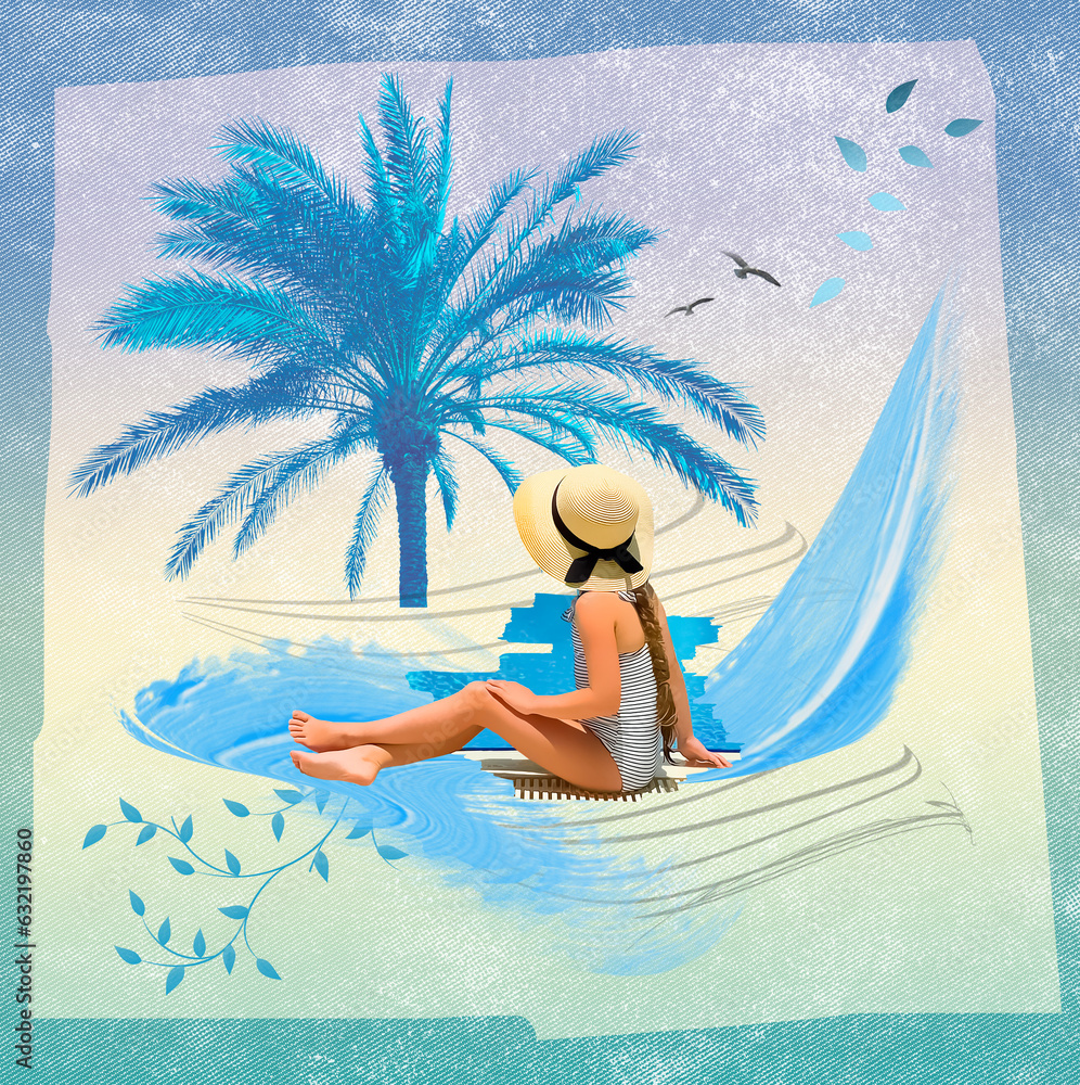 A little girl in a hat sitting near the pool - art collage or design about summertime, holidays, vacation