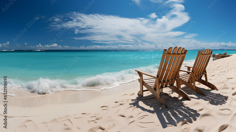 Wooden deck chairs on a beautiful beach with turquoise water
