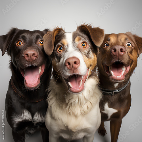 Group of happy dogs in front of a grey background with copy space