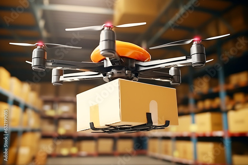 A drone flies through the warehouse and carries a cardboard box