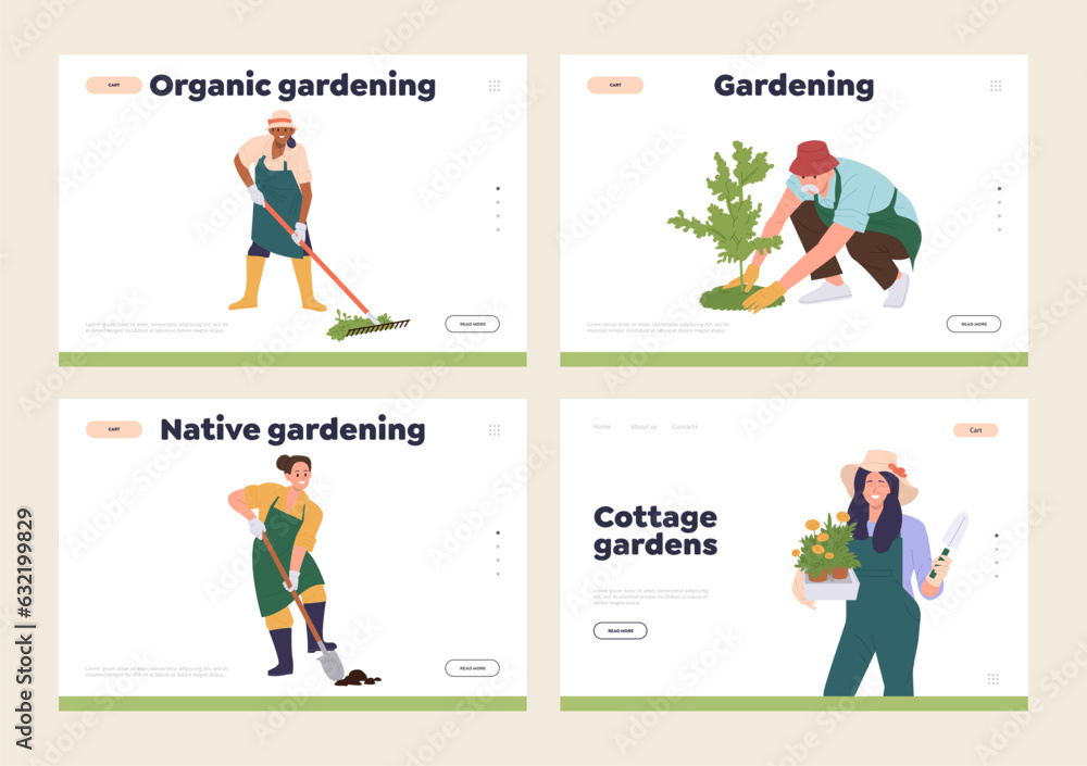 Isolated set of landing page with gardening concept and happy people hobby seasonal activity Isolated set of landing page with gardening concept and happy people hobby seasonal activity
