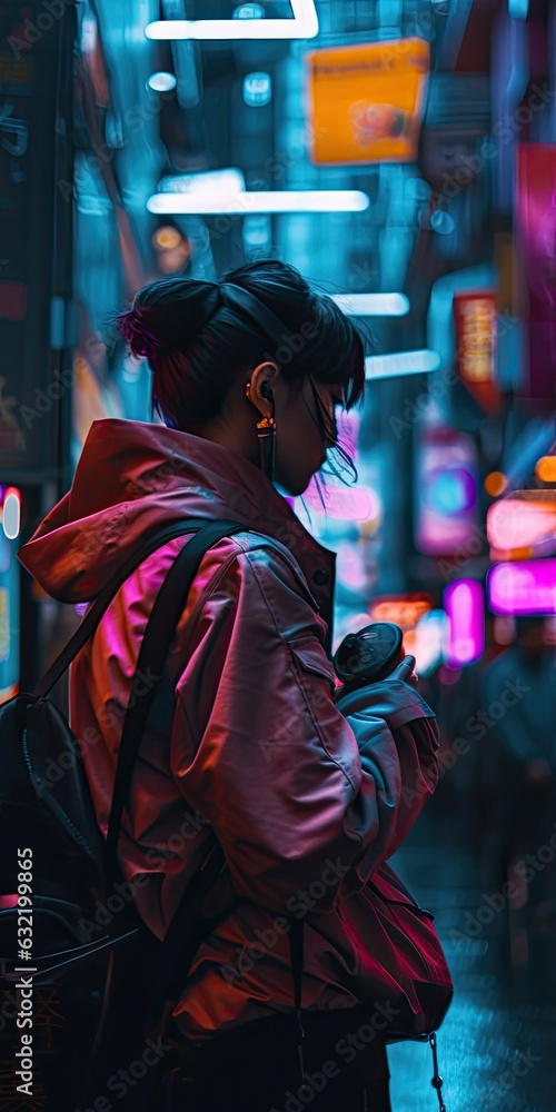 Cyberpunk lady in trench coat and neon street, AI Cyberpunk lady in trench coat and neon street, AI