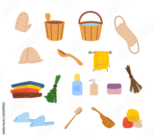 Bath and sauna accessories icons set flat vector illustration isolated on white.