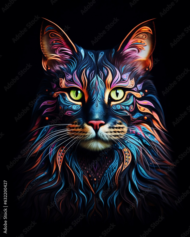 Mystical portrait of a cat using colorful line-art overlay for home decor applications and more. Generated using AI.