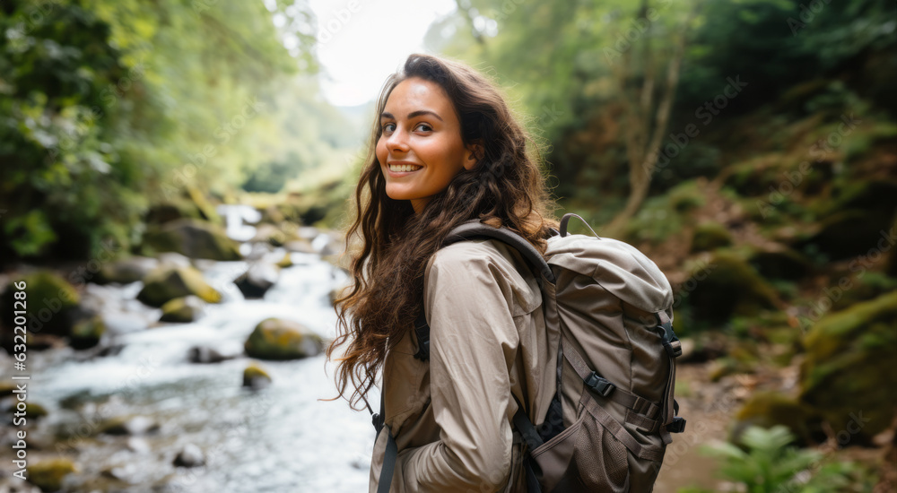 Natural beauty, woman hiking in the great outdoors along a river. Wearing a backpack looking back at camera. Fitness, health tramping and wellness. Natural beauty, woman hiking in the great outdoors along a river. Wearing a backpack looking back at camera. Fitness, health tramping and wellness.