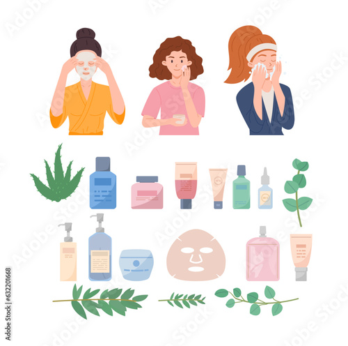 Skin care routine concept, women applying beauty products - flat vector illustration isolated on white background.