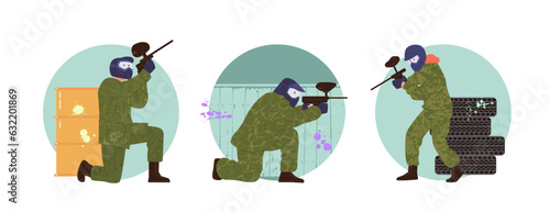 Paintball training recreation club round icon composition set with people in soldier ammunition