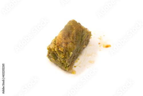 Turkish pistachio baklava isolated on white background.