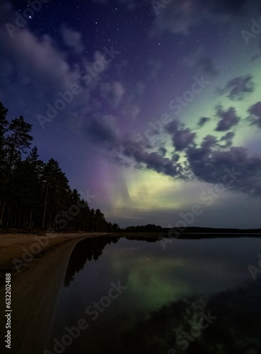 Autumn aurora borealis on the lake photo