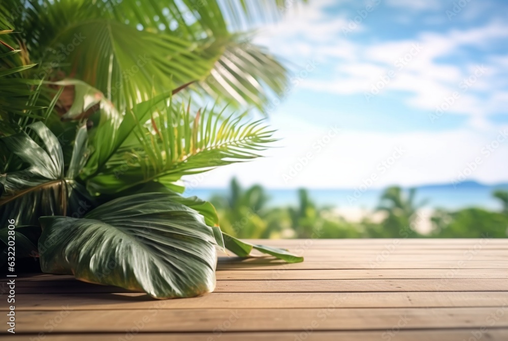 Wooden table with tropical leaves and blurred background of beach and sun light. ready for product display. generative ai Wooden table with tropical leaves and blurred background of beach and sun light. ready for product display. generative ai