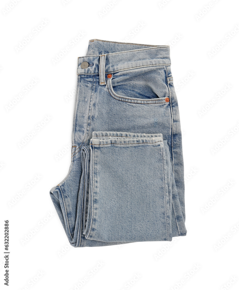 Light blue jeans isolated on white, top view. Stylish clothes Light blue jeans isolated on white, top view. Stylish clothes