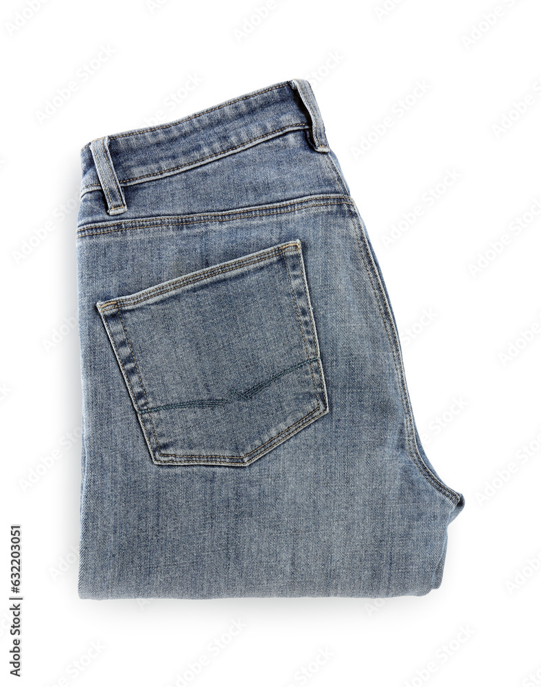 Folded light blue jeans isolated on white, top view Folded light blue jeans isolated on white, top view