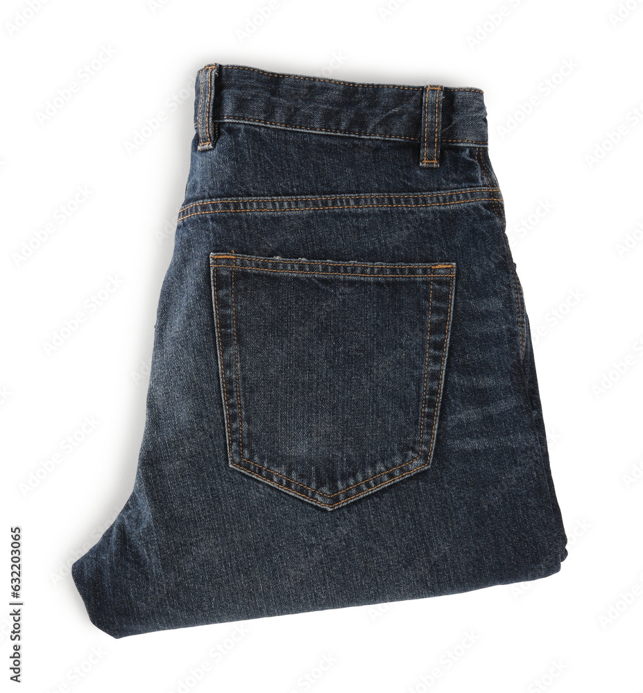 Folded dark blue jeans isolated on white, top view Folded dark blue jeans isolated on white, top view