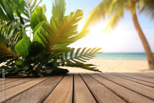 Wooden table with tropical leaves and blurred background of beach and sun light. ready for product display. generative ai