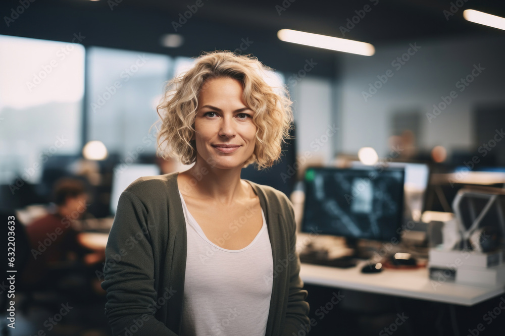 Portrait of a Caucasian middle aged woman in blonde hair. Specialist in the programming department of a large IT company. Generated Ai.