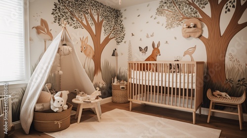 A Forest-Themed Nursery with a Treehouse Crib and Woodland Decor, generative AI © Stockerl