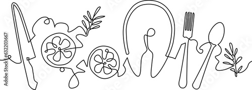 Background with salmon steak, slices of lemon, utensils and rasemary. Continuous line drawing style. Vector illustration. Cooking pattern.
