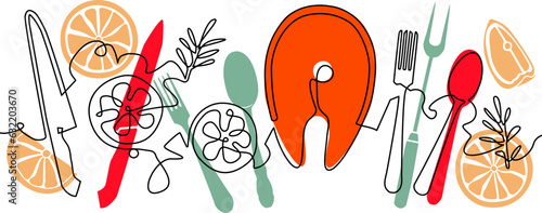 Background with salmon steak, slices of lemon, rosemary and utensils. Continuous line drawing style. Vector illustration. Cooking pattern.