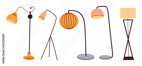 A set of lighting fixtures for home decor. Decorative floor lamp. Diverse lighting for interior design.