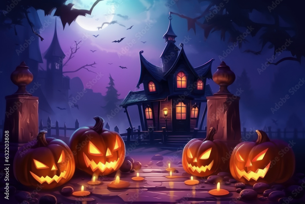 Spooky scene of a creepy house with pumpkins and jack-o-lanterns in the foreground