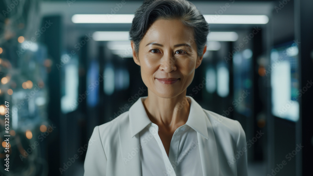 Fototapeta premium Middle Aged Female IT Specialist is standing at the Camera in Data Center Next to Server Racks and Looking at the Camera. Generated Ai.