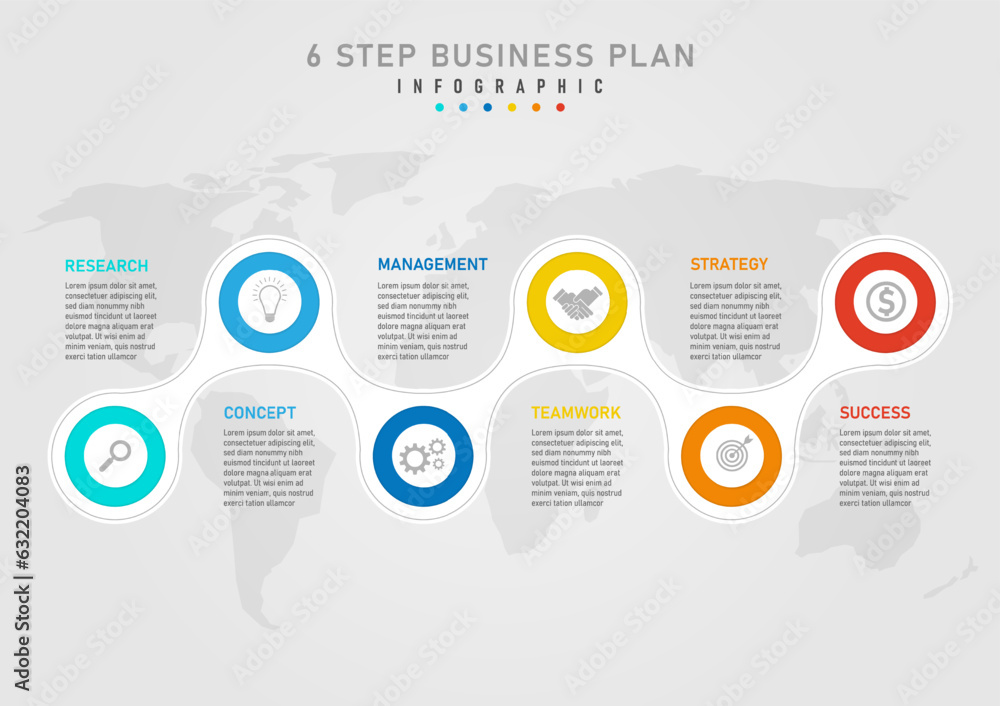 infographic 6 steps business plan to success template multi colored circles and white circle in center with gray icons letters above and below Map below with a gray gradient background. infographic 6 steps business plan to success template multi colored circles and white circle in center with gray icons letters above and below Map below with a gray gradient background.