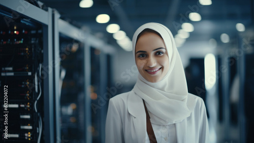 Middle Aged Multi Ethnic Female IT Specialist in Hijab is standing in Data Center Next to Server Racks and Looking at the Camera. Modern woman in the IT world. Generated Ai.