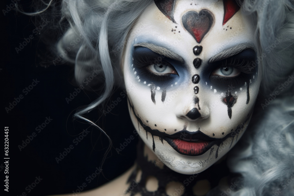 Woman with scary makeup for Halloween. Close up shot. Creative face art, carnival and fashion concept