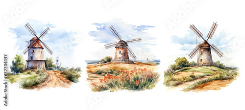 wind windmill on countryside watercolor