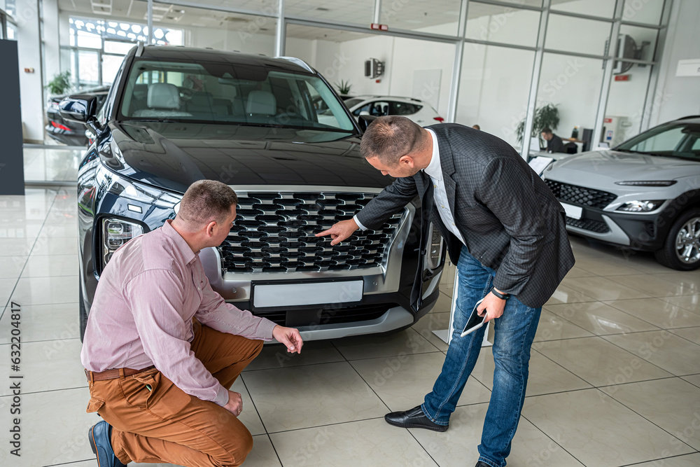 Young professional manager and male client choosing and examining a new auto in dealership