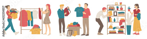 People buying used goods in second hand shop, flat vector illustration isolated on white background.
