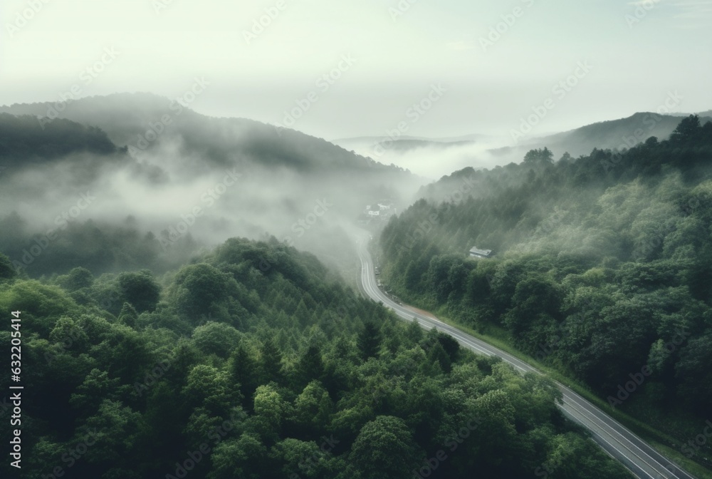 the view from the top of the road in the middle of the forest and green trees with the beauty of the mist. generative ai