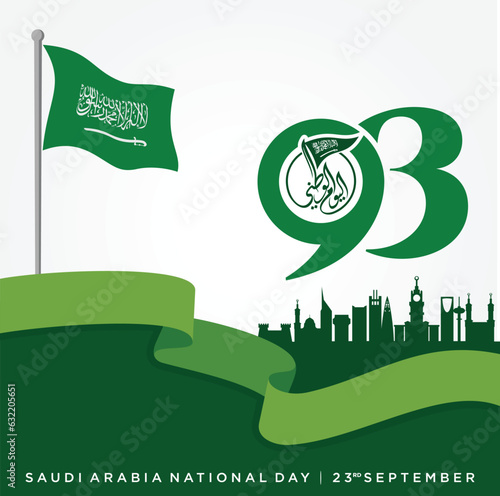 Riyadh, September 23, 2023. Translation Arabic Text: Saudi National Day. 93 years anniversary. Kingdom of Saudi Arabia Flag. Vector Illustration. Eps 10.